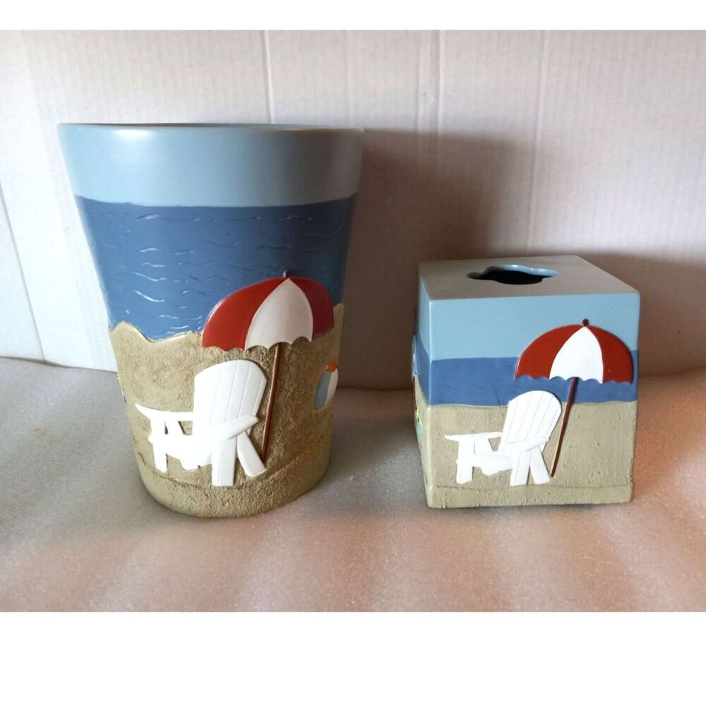 Kathy Middlebrook "Beach Bum" Bathroom Decor Set Wastebasket & Tissue Box Cover